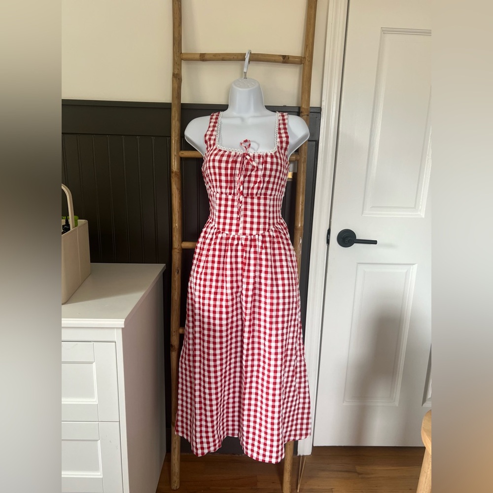 Jessica Simpson Red and White Gingham Midi Dress